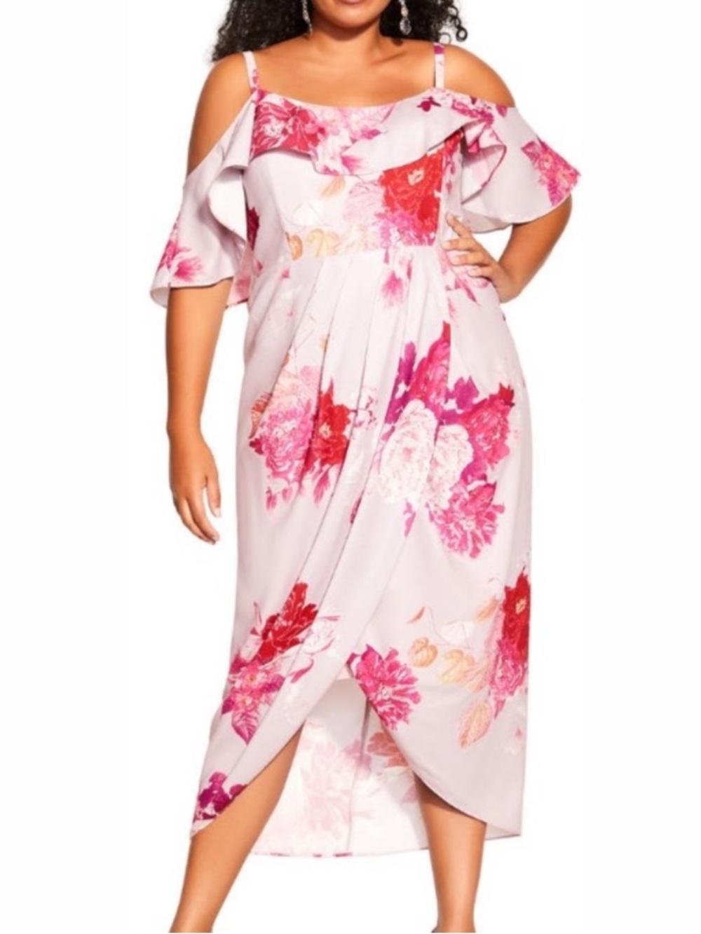 City Chic Sakura Floral Print Cold Shoulder Midi Dress Dusk Purple Pink 16